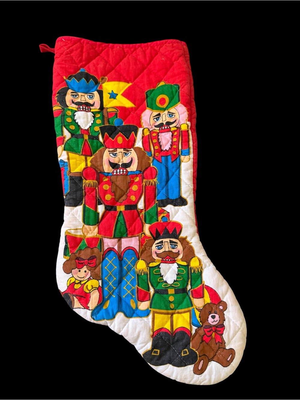 Quilted Nutcracker Christmas Stocking - Red, Green, Blue Vintage